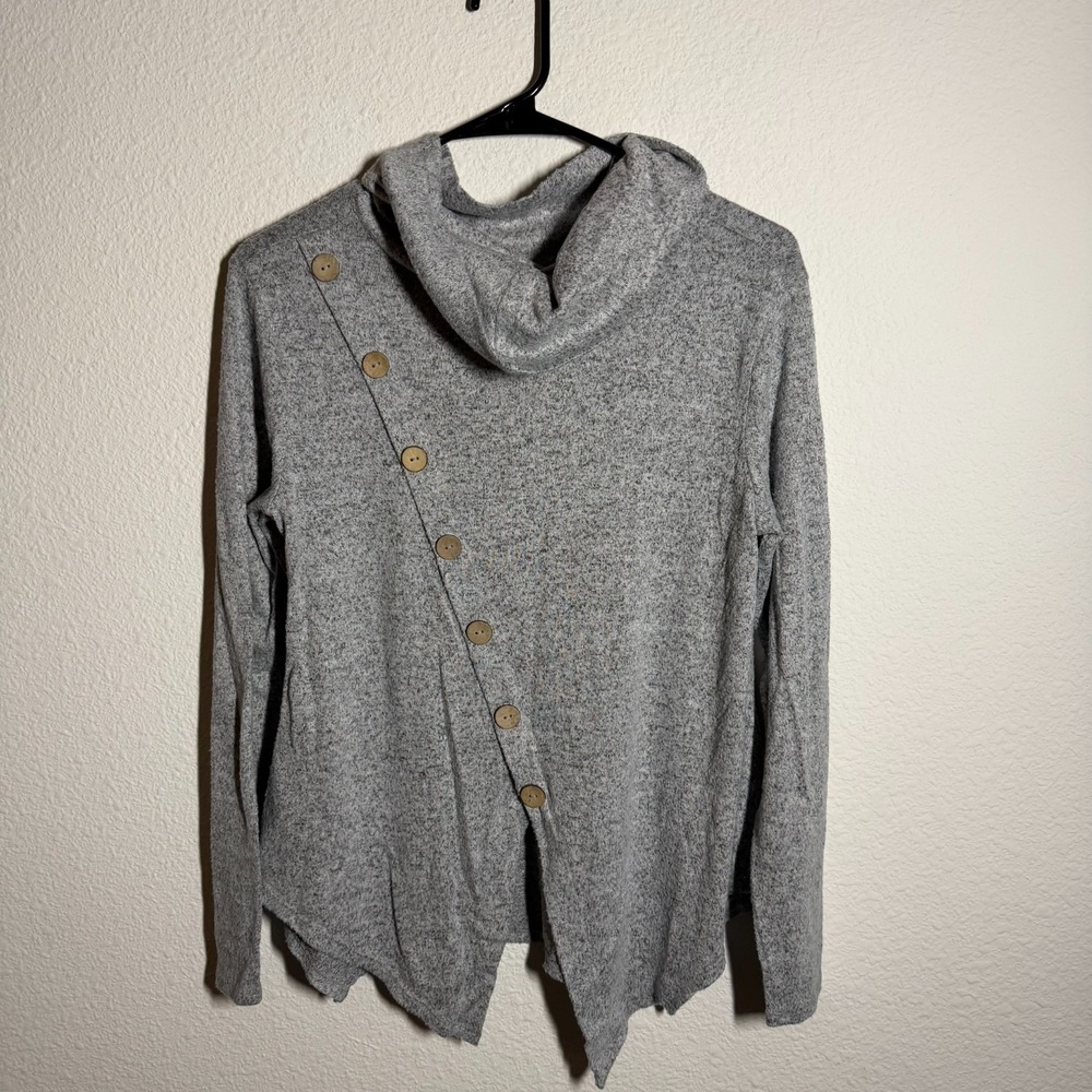 Womens Cardigan Sweater Medium Gray Knit Asymmetrical Button Detail Cowl Neck